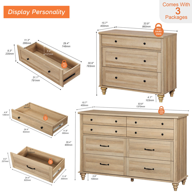 Scarlett 3 Piece Bedroom Set - Includes Mid Century 8 Drawer Dresser, Set Of 2 Bedside Tables With 3 Drawers, 3 Piece Dresser And Nightstand Sets