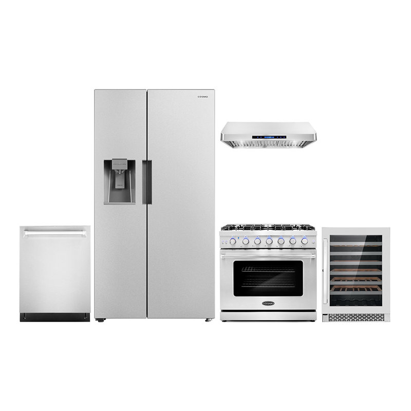Cosmo 5 Piece Kitchen Appliance Package with Side By Side Refrigerator 36'' Gas Freestanding Gas Built-In Under Cabinet Range Hood