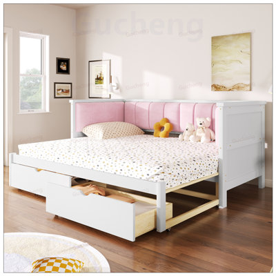 Expandable Daybed with Two Storage Drawers and Comfortable Upholstered Backrest, Perfect for Versatile Sleeping!.