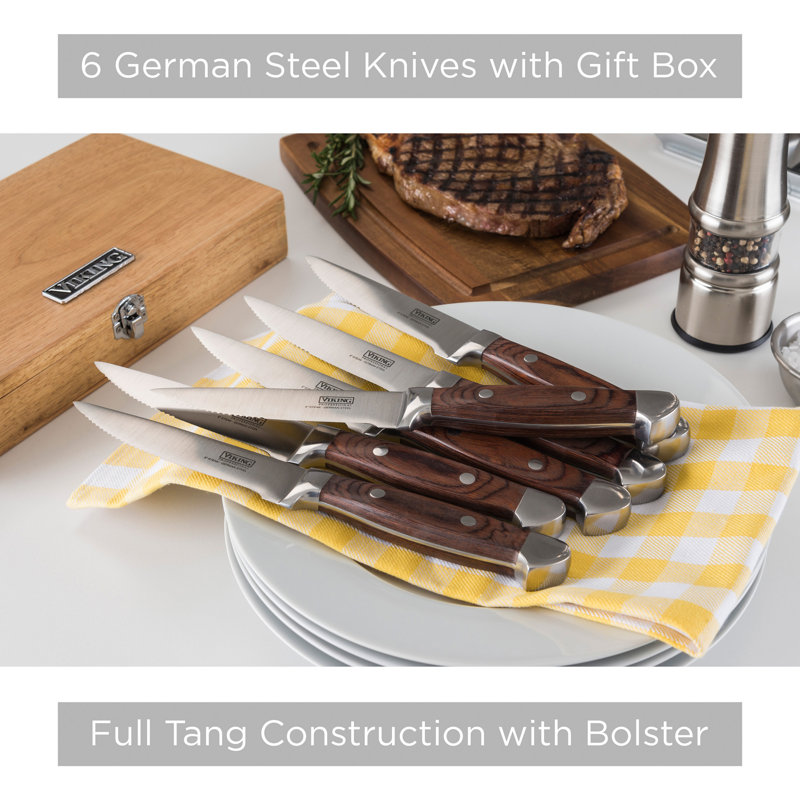 Viking Steakhouse Pakka Wood 6-Piece Steak Knife Set with Wooden Box, Red