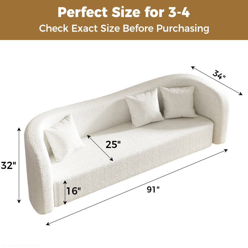 Canapé incurvé moderne en sherpa de 91 po, siège à 4 places crème profond avec structure en bois massif et 3 coussins décoratifs