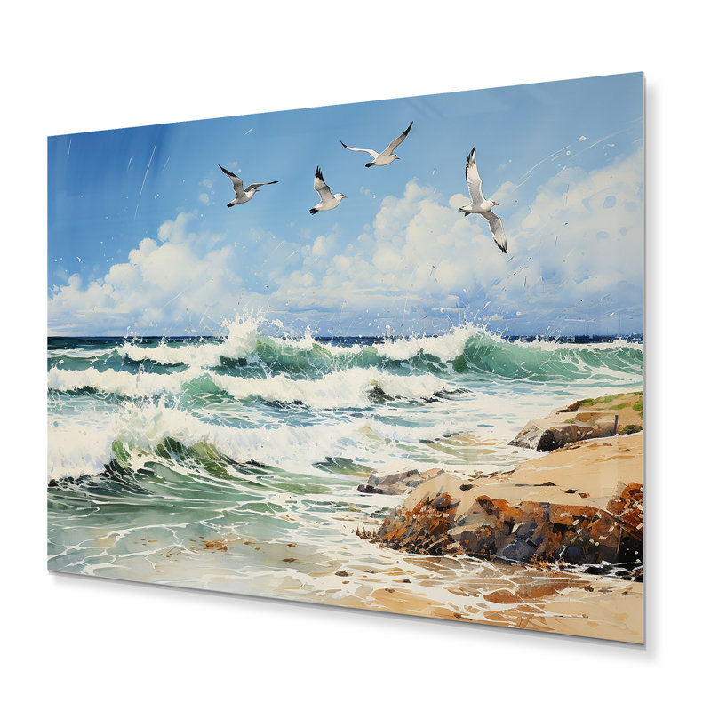 Mouettes en vol au-dessus de la plage I - Impression sans cadre sur métal, H 16 po x l 32 po x P 1 po