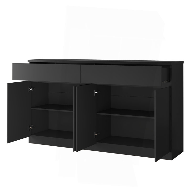 Buffet avec rangement, grande armoire de rangement avec 2 tiroirs et 4 portes, table basse en bois pour la salle à manger, noir