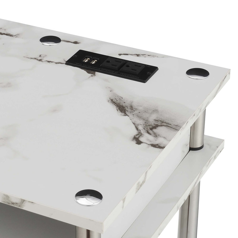 Edwin No Tools Computer Desk with Built-In Outlets, White Marble