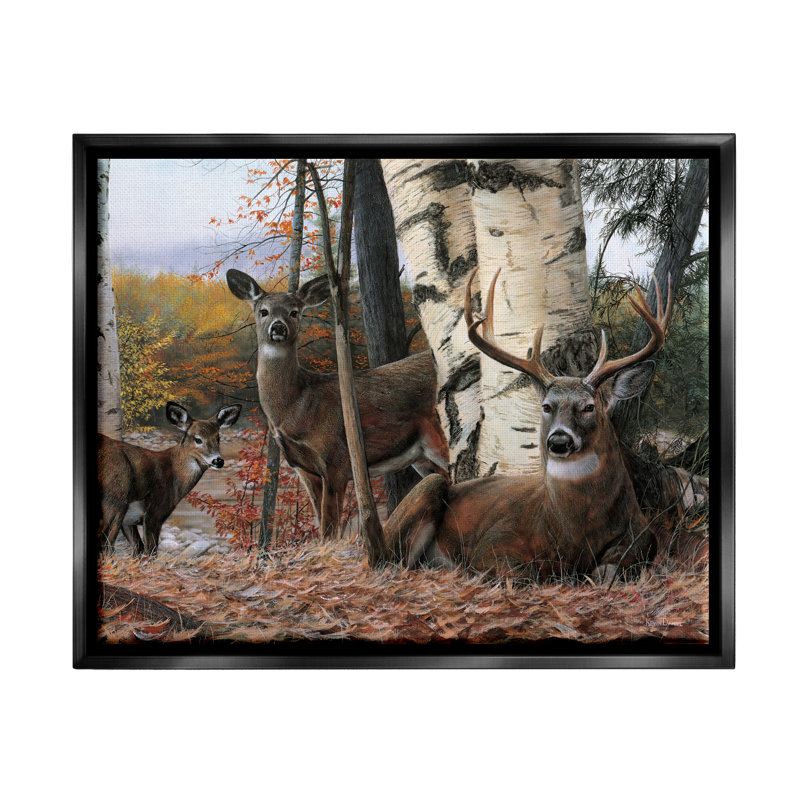 " Elk Family Woodland Foliage " Acrylic Painting, 25" H x 31" W x 1.7" D, Lustre Grey Floater Frame