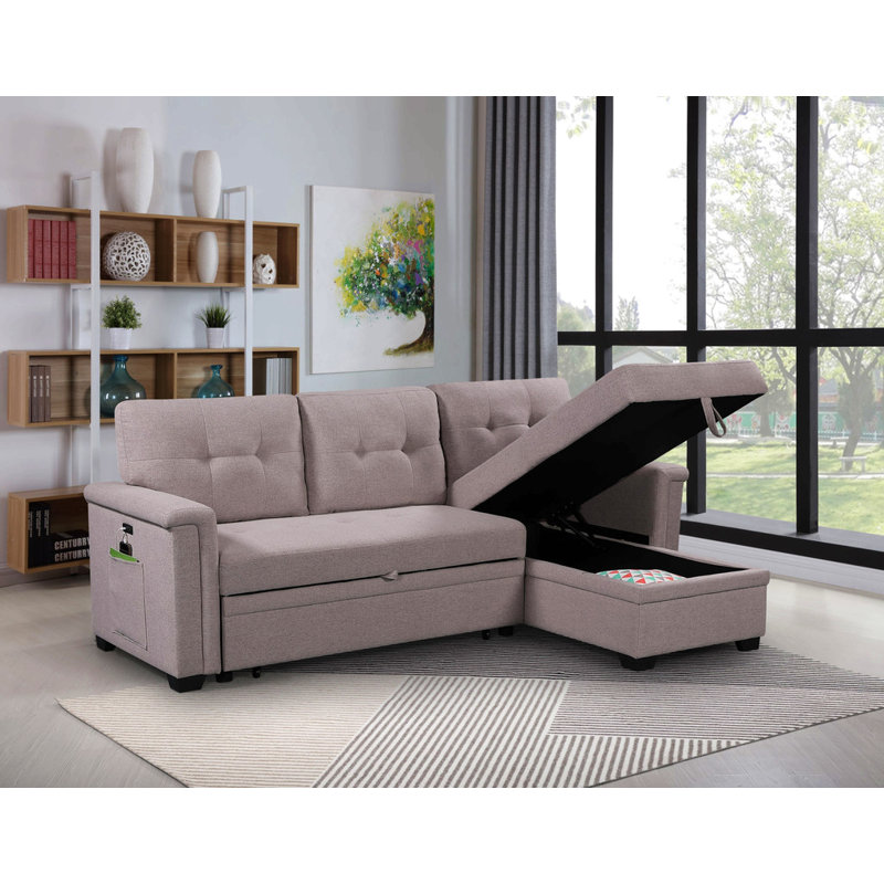 Canapé-lit modulaire réversible de 84 po avec méridienne de rangement, ports de chargement USB et poche, Lin gris pâle