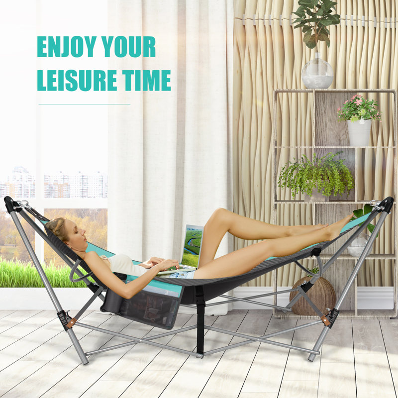 Turquoise Folding Hammock with Iron Stand and Side Pocket