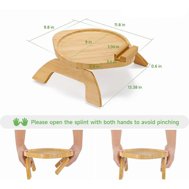 Couch Armrest Table, Bamboo Clip On Couch Arm Table With 360°Phone Holder,Foldable Sofa Arm Tray For Eating And Drinking, TV Tray