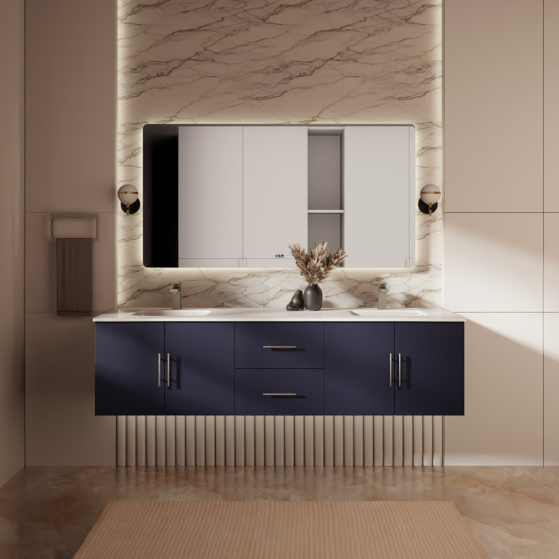 Geneva 72" Wall-Mounted Double Bathroom Vanity Set, Navy Blue, White Quartz