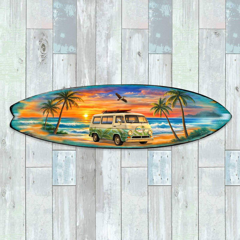 «Sunset Surf Van», art mural fait à la main, décor bord de mer par D. Debrekht, 17" H x 60" W