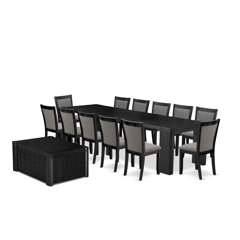 Ensemble de 14 tables de salle à manger, une table rectangulaire avec une table basse et 12 chaises de salle à manger en lin gris Gotham foncé, 39 po x 120 po, noir brossé