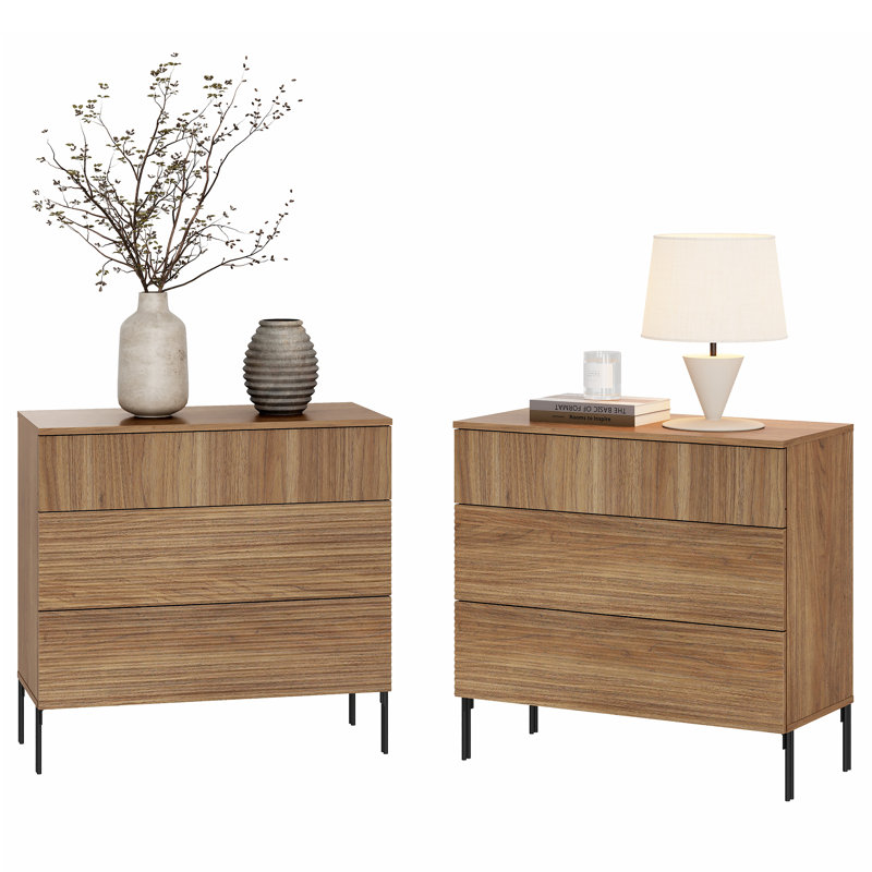 Ensemble de table de chevet en bois rustique moderne minimaliste Union de 2,31,5 po avec 3 tiroirs Union, Noyer