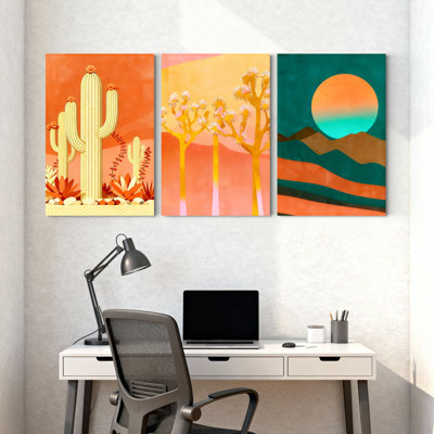 «Desert Cactus Landscape», ensemble de 3 reproductions d'art sur toile tendues