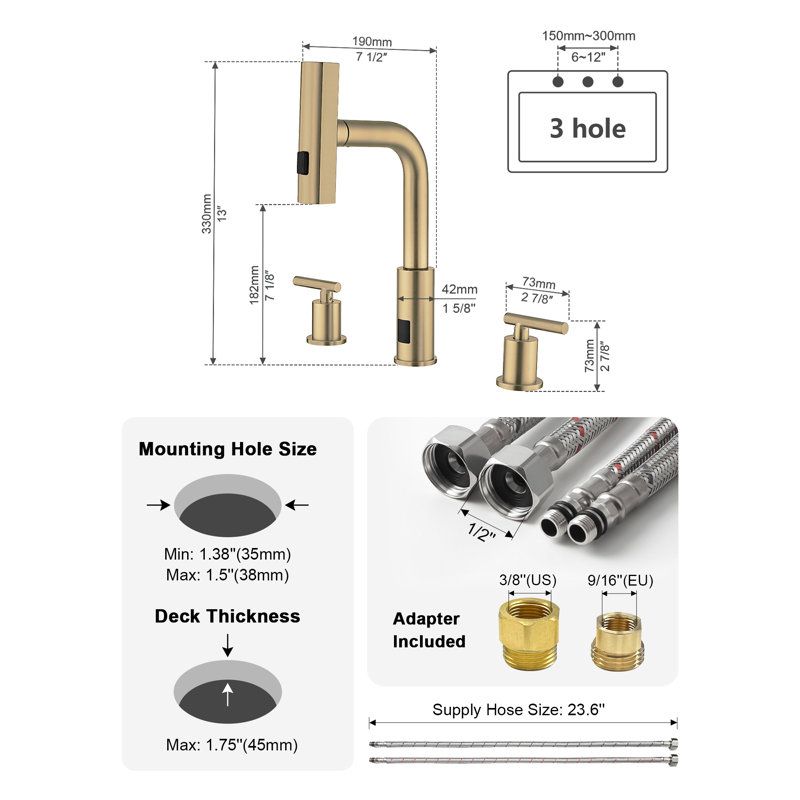 Lefton Waterfall Pull-out Bathroom Faucet 3 Hole With Temperature Display In Fahrenheit (battery-free), 8-inch Widespread Vanity Faucet For Bathroom Sink With 2 Handles