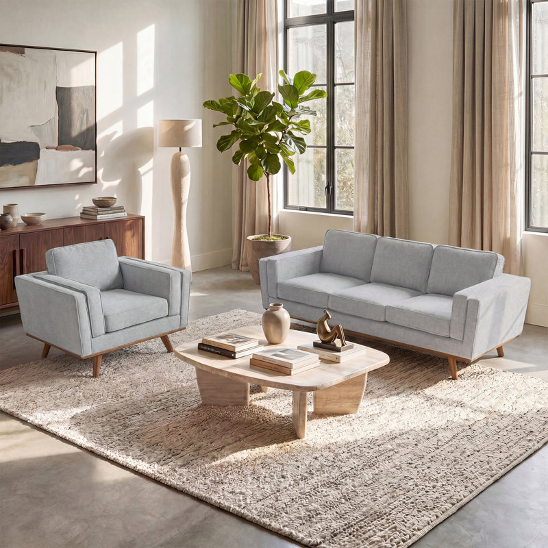 Inayat 2-Piece Upholstered Square Arm Sofa Set, 2 Pieces: Sofa, Chair, Dark Grey