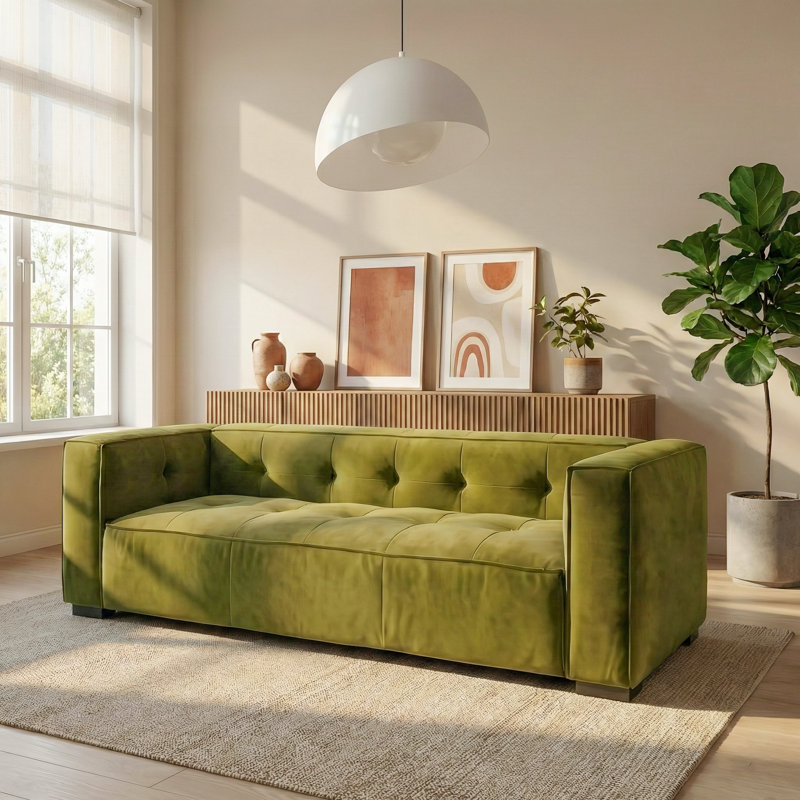 Bedford Modern Sofa with Biscuit Tufting and Square Arms, Olive Green
