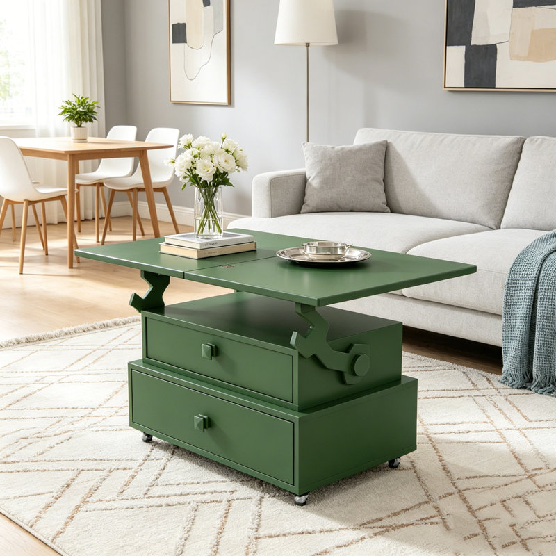 Table de bout roulante à hauteur ajustable ultrabrillante avec station de charge et plateau rabattable, Green