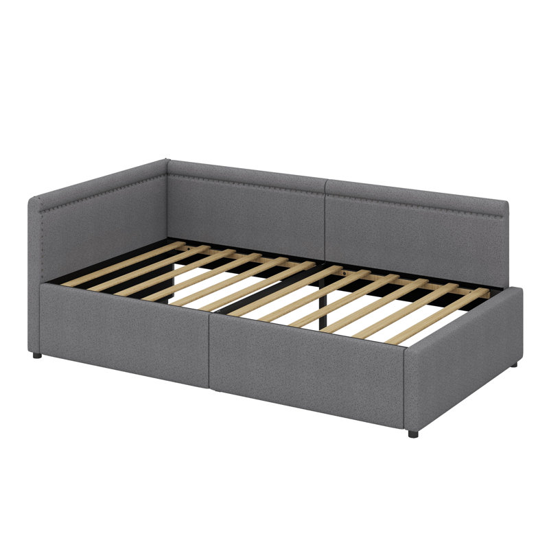 Lit de jour simple en L en lin avec dossier capitonné, gris