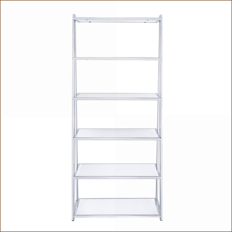 Bibliothèque, H 71,5 po, 6 tablettes contemporaines fixes en bois blanc brillant et métal chromé | Blanc | Bois et métal