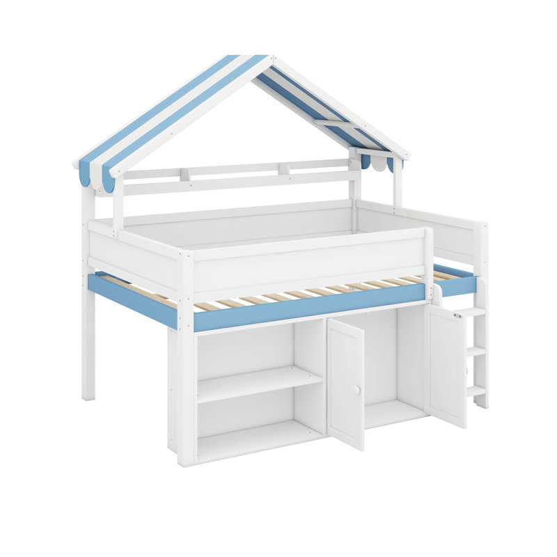 Full Size Loft Bed With Canopy Roof, White/Blue