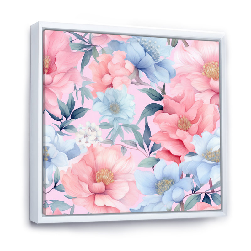 «Rose and Blue Petunia On White I», reproduction sur toile, H 16 po x l 16 po x P 1 po, Cadre flottant blanc
