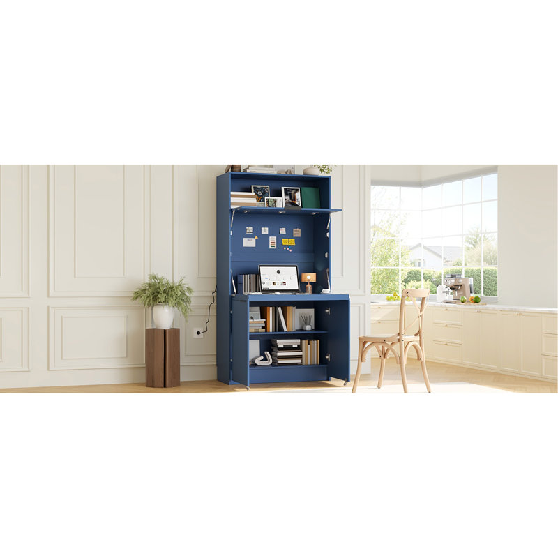 Garde-manger compact Topmax, buffet de 69 po de hauteur avec huche et poste de travail pliable, armoire de rangement multifonctionnelle avec tablette réglable et prise de courant pour la salle à manger, le salon et le bleu foncé