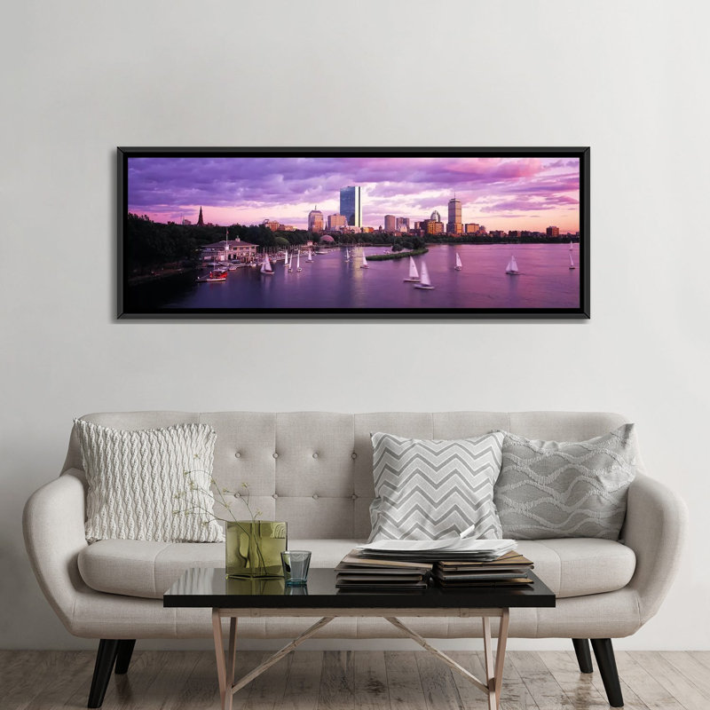 «Dusk Boston Massachusetts», reproduction de photo sur toile tendue, H 12 po x l 36 po x P 1,5 po, Toile avec cadre noir