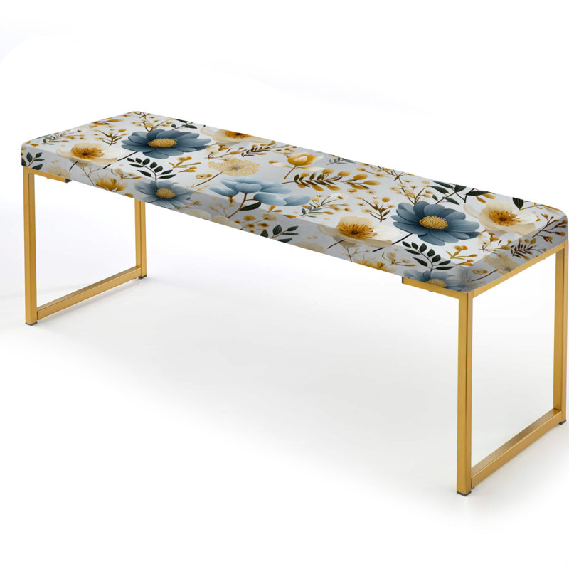 Blue And White Scandinavian Floral Tranquility - Floral Upholstered Gold Bench