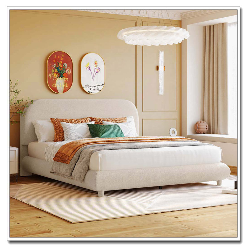 Lit plateforme tapissier Teddy, Beige, Grand lit