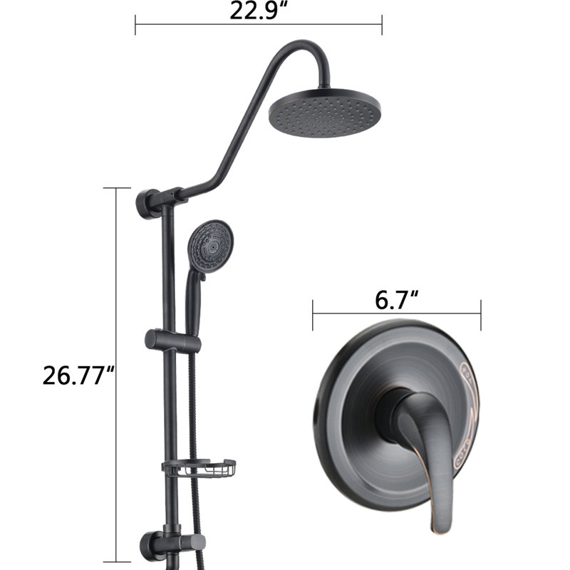 Système de douche complet avec pommeau de douche effet pluie de 20 cm et douchette à main - Acier inoxydable, bronze huilé et système d'insonorisation.
