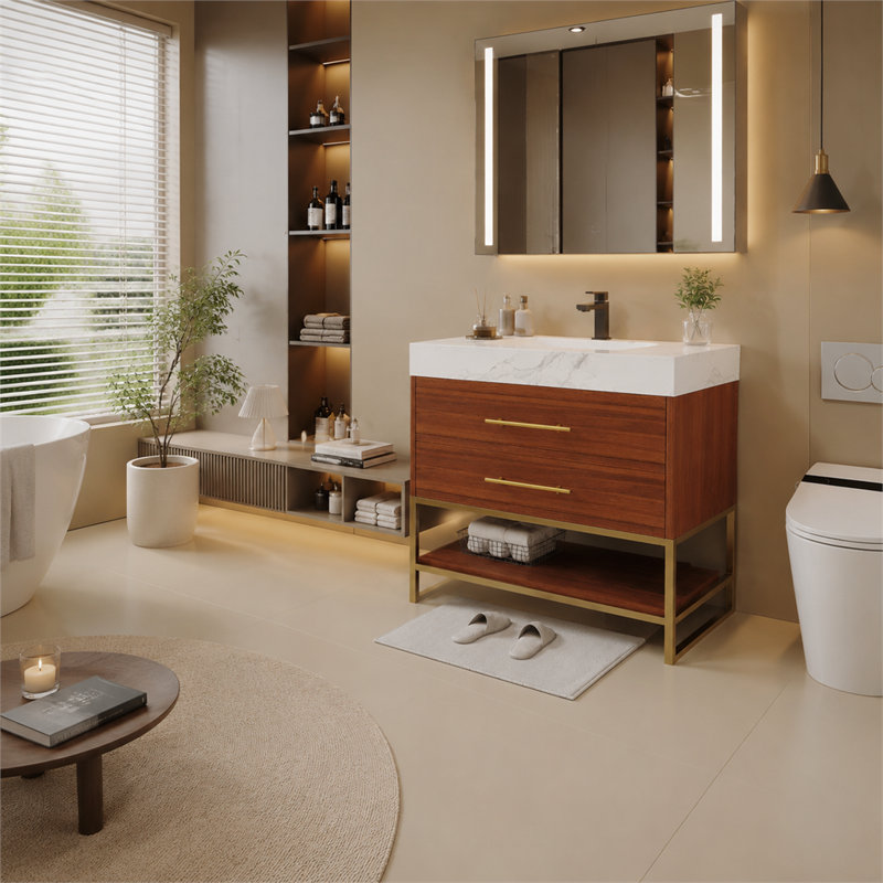 Meuble-lavabo autoportant moderne de 29,9 pouces; comptoir en pierre frittée avec lavabo en céramique encastré et tablette inférieure; Idéal pour les petits appartements.