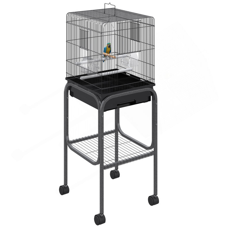 Cage à oiseau 45 po en métal, cage à perroquet, volière à oiseaux avec support à roulettes amovible, panier de rangement et accessoires - noir