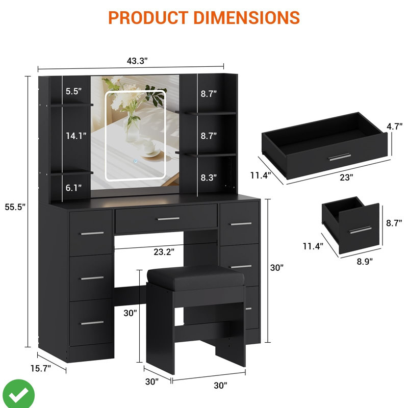 Table de coiffeuse avec miroir et lumières, Noir