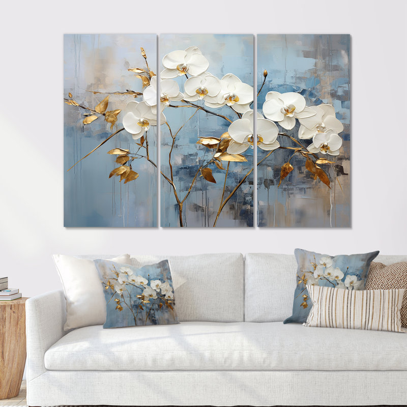 «Blue and Gold Orchid Bloom I», ensemble d'art mural sur toile Orchidées, H 28 po x l 36 po x P 1 po