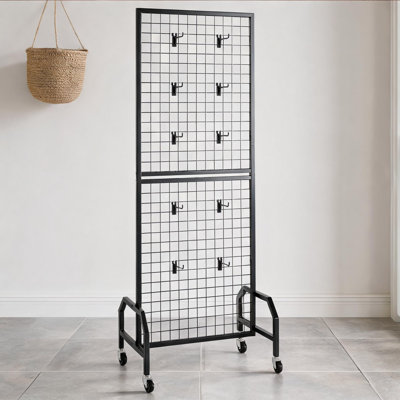 1.9 x 5.4 ft Standard Mobile Grid Wire Display Rack with 10 Hooks and Braked Wheels, Matte Black Carbon Steel