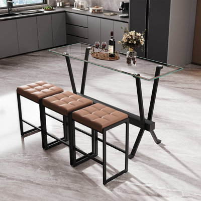 Ensemble de table de bar et de chaises, 4 pièces (1 table + 3 chaises), plateau en verre trempé, siège en cuir PU, structure en métal noir, polyuréthane brun, style industriel moderne