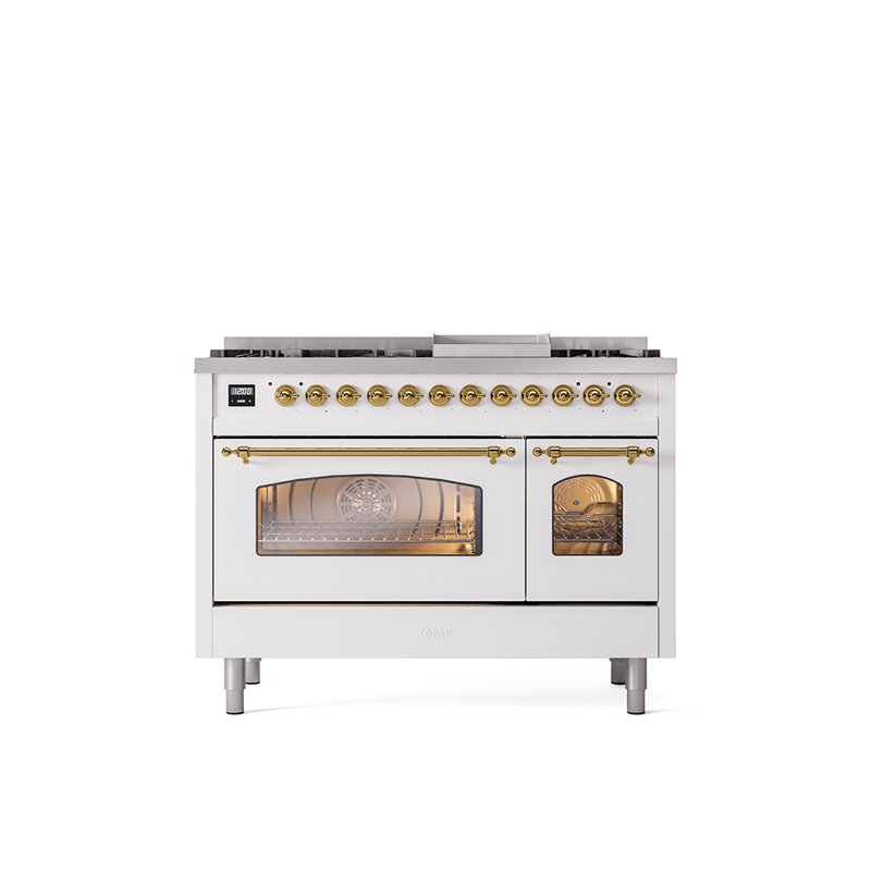 ILVE Nostalgie II Series 48 inch Dual Fuel Range with 8 Sealed Burners, Griddle (Glass Door), Liquid Propane, RAL Color/Brass