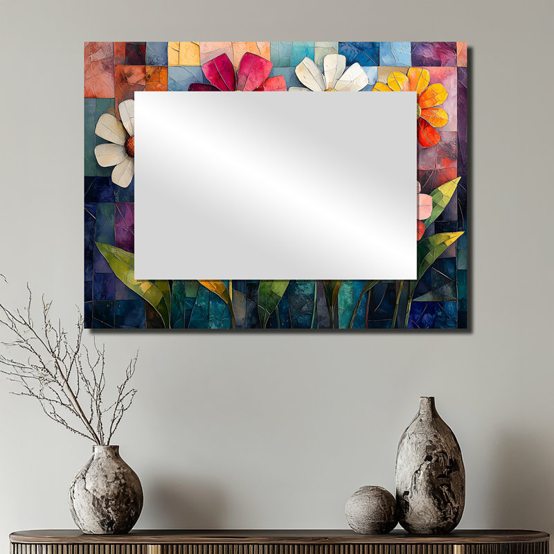 Géométrique prairie aux teintes mélangées Wildflower Cubist I - miroir décoratif traditionnel, art mural, 24 po x 32 po