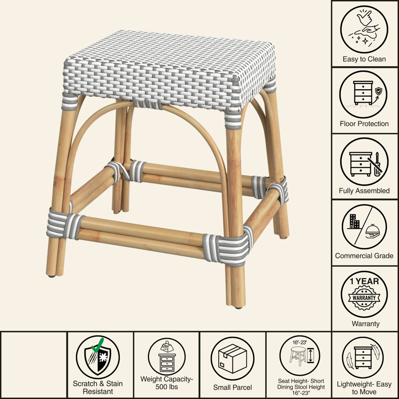Robias Rattan 18" Dining Stool, White/Gray Dot / Natural Rattan Frame