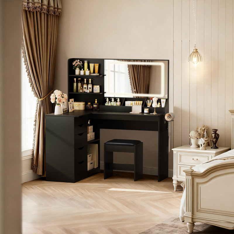 Vanity Desk with Mirror and Lights, Built-in Power Outlets, Storage Drawers & Open Shelves, LED Mirror with 3 Color Modes, Includes Cushioned Stool