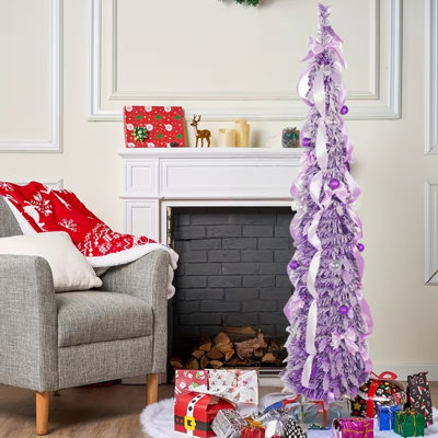 59.06inch Artificial Christmas Tree with Lit Purple & White Ornaments & Bow，Assembly Indoor/Outdoor Holiday Decor Suitable for Home, Parties, Winter Wonderland - Durable Plastic Tree with 50LED Lights