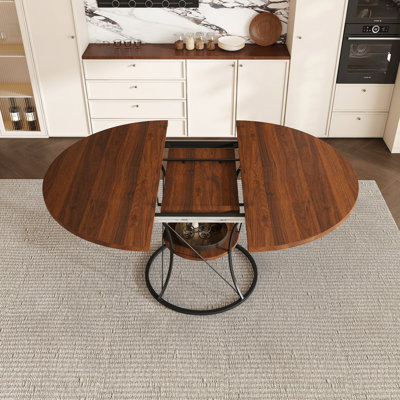 43 Inch Round Dining Table For 4-6, Expandable Farmhouse Kitchen Table With Storage Shelf & Metal Base, Brown & Black Extendable Wood Table From 43 To 59 Inch, Large Round Table For Home (No Chairs)