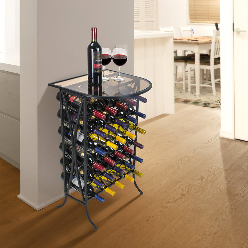 Black Metal 30-Bottle Wine Rack with Glass Top