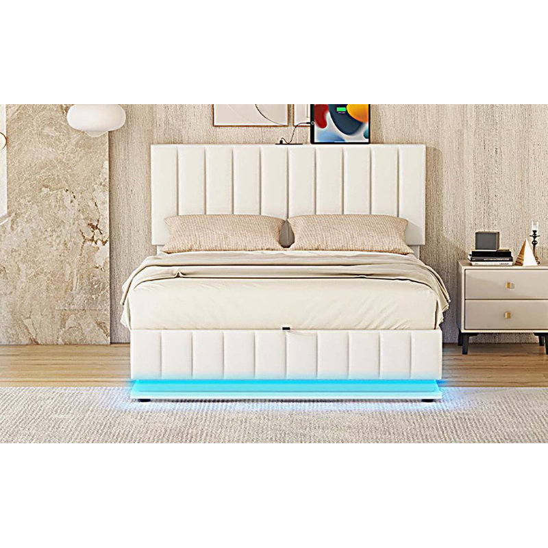 Lit tapissier double avec système de rangement hydraulique et lumière DEL, lit plateforme moderne avec prises et ports USB, blanc