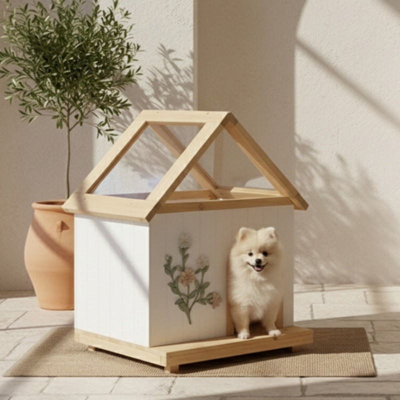 Maison de chat en cèdre avec toit en acrylique pour chats et petits chiens Orla, Blanc et bois