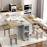 5 Pieces Folding Extendable Dining Table Set With 4 Chairs, Drop Leaf, Storage Layers, Drawers And Wheels