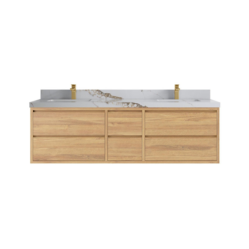 Meuble-lavabo double flottant en teck Madison, Or Calacatta