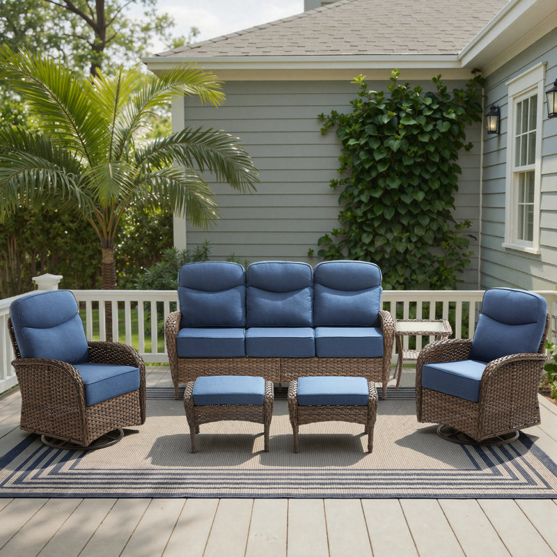 Alakai 6-Piece Outdoor Courtyard Wicker Family Conversation Set With Swivel Chairs And Coffee Table, Blue