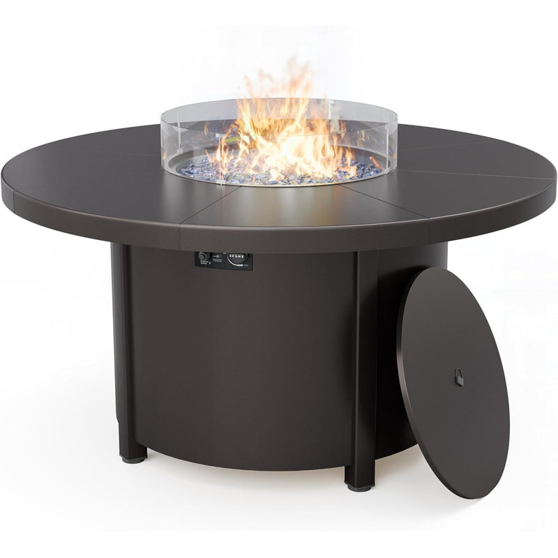 Dobbs 48" Round Outdoor Fire Pit Table 40,000 BTU With Glass Flame Guard Adjustable Feet Magnetic Gas Door