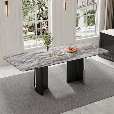 Modern 78.7" Dining Table, Glossy Sintered Stone Top, Stainless Steel Double Legs for 8-10 by Ivy Bronx